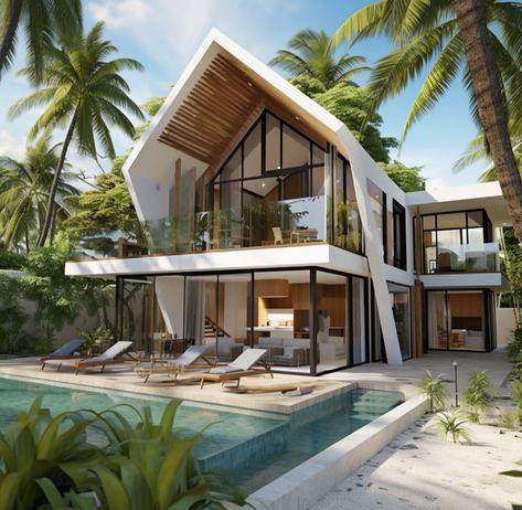 Bali Architecture Modern, Modern Bali House, Modern Beachfront House, Tropical Home Exterior, Tropical Resort Design, Tropical Villa, Villa Ideas, Building Design Plan, Taman Air