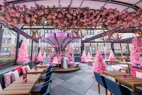 Magic Hour at the Moxy Times Square has a pink holiday pop-up Outdoor Heat Lamp, Moxy Hotel, Rooftop Bars Nyc, Winter Lodge, Peninsula Hotel, Nyc Rooftop, Antler Chandelier, Holiday Pops, Pink Xmas