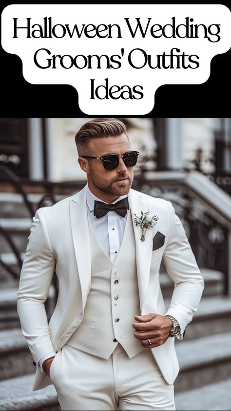 Chic white men's suit with cape peak lapel, formal wedding groom tuxedo for a modern, sleek look. Groom Suit Off White, Halloween Wedding Suit, Halloween Wedding Groom Attire, White Suit Groom & Groomsmen Suits, Grooms Suit White Jacket, Groom Attire White Jacket, Male Wedding Attire, Grooms Outfit Wedding, Suit With Cape