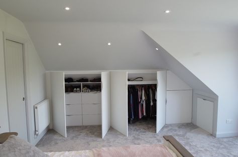 Clever Eaves Storage - Contemporary - Bedroom - Surrey - by id8 designs ltd | Houzz UK Loft Conversion Eaves Storage, Eaves Storage Ideas, Eaves Bedroom, Loft Conversion Bedroom, Fitted Wardrobes Bedroom, Attic Bedroom Storage, Eaves Storage, Attic Wardrobe, Loft Storage