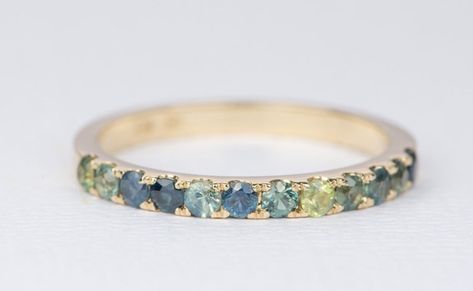 0.6ct Australian Sapphire Gradient Color Wedding Band 14K Gold - Etsy Green Wedding Band, Color Wedding Band, Colored Wedding Bands, Mermaid Colors, Blue Wedding Band, Australian Sapphire, 12 Stones, Ombre Gradient, Teal Sapphire