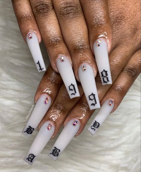 Old English Numbers On Nails, Nail Designs With Numbers, 1998 Nails Design, Nails With Numbers Design, Number On Nails Design, Birthday Year Nails, 1993 Nails, Nails With Old English Letters, 1998 Nails