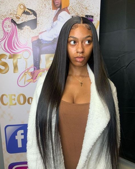 Sew In Middle Part Straight, Middle Part Bone Straight, Bone Straight Hair Black Women, Bone Straight Middle Part, Sew In Middle Part, Lace Front Weave, Middle Part Quick Weave, Lace Hairstyles, Hairstyles Glam