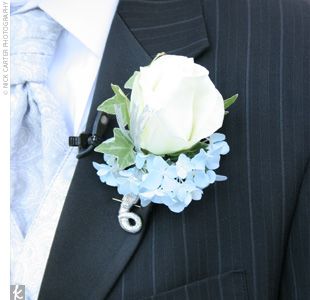 Matt’s boutonniere was a simple white rose with a bit of blue trim. He wore a pin-striped suit and a light blue tie. Jalisco Wedding, Wedding Flowers Blue Hydrangea, Hydrangea Corsage, Wedding Flowers White Roses, Hydrangea Boutonniere, Wedding Flowers Blue, Blue Boutonniere, Hoco Ideas, Hydrangea Bouquet Wedding