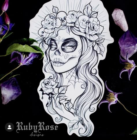 Sleeve Tattoos For Women Stencil, Mandala Hip Tattoo, Floral Skull Tattoos, Skull Tattoo Ideas, Catrina Tattoo, Hipster Drawings, Tattoos Fonts, Floral Thigh Tattoos, Witch Tattoo