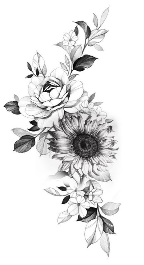 Sunflower Half Sleeve Tattoo, Sunflower Tattoo Color, Delicate Sunflower Tattoo, Sunflower Sleeve Tattoo, Girasoles Tattoo, Border Tattoo, Black And White Flower Tattoo, Flower Vine Tattoos, Floral Thigh Tattoos