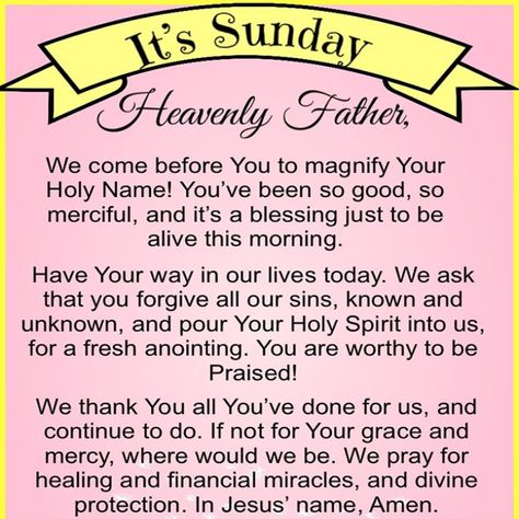 Sunday Blessings Let this Sunday be a joy as the Lord showers His wonderful blessings upon you. May this Sunday be a blessing to you and your family. May God fill you with peace, hope, and love for one another. Today is Sunday! Let it be blessed and filled with the Lord’s amazing grace and … The post Sunday Morning Blessings! appeared first on God's Messages. Holy Sunday Quotes, Sunday Prayer Mornings, Sunday Prayers And Blessings, Sunday Morning Blessings, Morning Prayer For Family, Sunday Prayers, Sunday Morning Prayer, Blessed Sunday Quotes, Worship And Praise