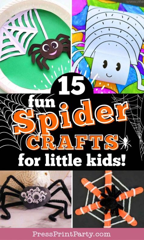 15 Spider Crafts for Kids That Are Perfect for Halloween - Keep preschool and toddlers busy with these fun and easy spider craft ideas! From paper plate spiders to DIY handprint projects and moving spiders, these Halloween crafts are great for kids in kindergarten and preK. Get creative with black paper, pipe cleaners, and more. These art projects are the perfect way to celebrate the spooky season with your little ones. By Press Print Party! Spider Craft Halloween, Spider Art And Craft For Preschool, Kindergarten Fall Party Craft, Spider Paper Plate Craft, Kids Spider Craft, Halloween Spider Crafts For Kids, Easy Spider Craft, Halloween Craft For Preschoolers, Spider Halloween Craft