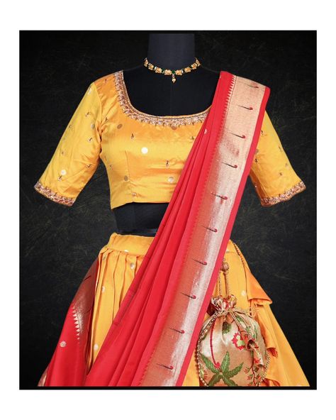 Introducing the stunning Yellow with Red Lehenga in Paithani Silk, a magnificent addition to the Lehenga collection. This paithani silk half saree lehenga features a rich paithani handloom silk lehenga in a warm, sunny yellow hue. The top of the outfit is crafted from pure raw silk fabric with intricate handwork on the front neck and sleeves. To add a touch of royal grace and contrast, it comes with a Banarasi Georgette dupatta in deep red. Perfect for weddings, celebrations, or any festive o... Silk Half Saree, Half Saree Lehenga, Long Gown Design, Saree Lehenga, Georgette Dupatta, Raw Silk Fabric, Red Lehenga, Lehenga Collection, Silk Lehenga