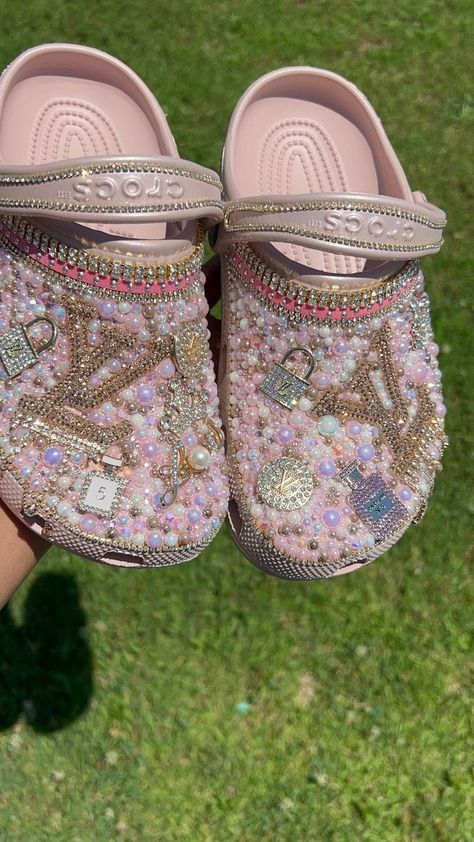 Customized Crocs Shoes, Croc Decor, Crocs With Charms, Bling Crocs, Designer Charms, Black Lace Wedding, Bedazzled Shoes, Custom Crocs, Bling Converse