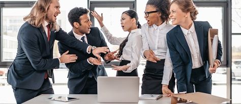 Five professionals arguing in an office. How To Handle Conflict, Managing People, Bright Minds, People Talk, The Map, Human Resources, Getting Out, Leadership, The Globe