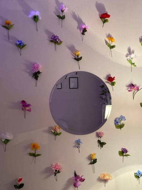 Flowers In The Wall, Room With Flowers Decor, Lights And Flowers Wall Decor, Flower Wall In Bathroom, Hanging Flowers In Bedroom, Flower Wall In House, Flowers Ceiling Bedroom, Mirror Wall Decor Flower, How To Decorate A Green Wall