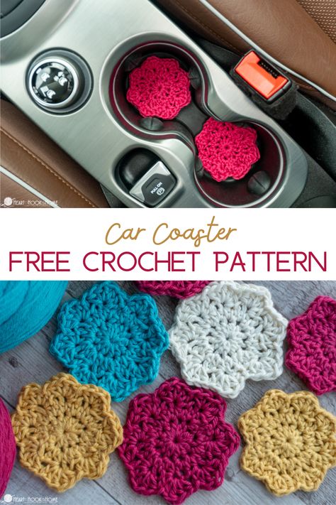 How To Crochet Car Coasters, Crocheted Car Coasters, Crochet Cupholder Coaster, Car Cupholder Coasters Crochet, Crochet Items For Car, 4mm Crochet Hook Free Pattern, Crochet Car Coasters Pattern, Car Crochet Coasters, Crocheted Car Coasters Free Pattern