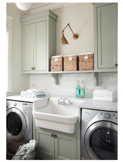 Laundryroom Painted Cabinets, Light Green Laundry Room, Grey Laundry Rooms, Laundry Room Tile, Green Laundry, Laundry Room Sink, Small Tiles, Green Cabinets, Reno Ideas