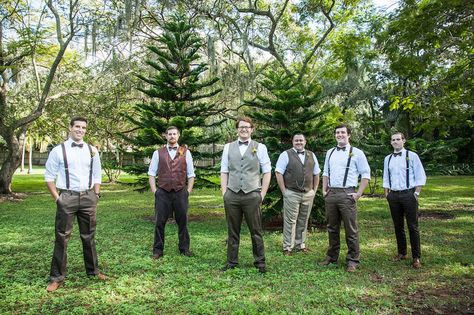 Outdoor, St Pete Groom Wedding Portrait with Groomsmen in Brown and Grey Suits, Vests, Suspenders, and Bowties Fantasy Wedding Groomsmen, Medieval Groomsmen Attire, Fantasy Groomsmen Attire, Fantasy Groomsmen, Fairy Wedding Groomsmen, Hobbit Wedding Groomsmen, Hobbit Groomsmen Attire, Hobbit Groomsmen, Hobbit Wedding Suit