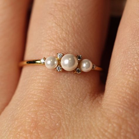 Triangle Diamond Ring, Pearl Jewelry Ring, Akoya Pearl Ring, Pearl Diamond Ring, Natural Pearl Ring, Rose Gold Diamond Ring Engagement, Pearl Engagement Ring, Wedding Women, Fine Gold Jewelry