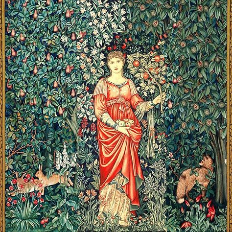 POMONA GODDESS OF ABUNDANCE HOLDING FRUITS IN GREENERY, FOREST ANIMALS Fox,Hares Red Blue Green Floral #artnouveau #beauty #nature #fruits #apple #greenery #foliage #woman #fox #hares #rabbits #forest #woodland #floral #flowers #vintage Samhain Images, Celtic Samhain, Burne Jones, Pre Raphaelite Art, Edward Burne Jones, Medieval Tapestry, William Morris Designs, Roman Goddess, Artistic Images