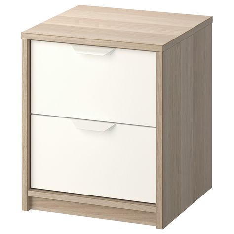 IKEA - ASKVOLL, 2-drawer chest, white stained oak effect, white, Smooth running drawers with pull-out stop. Can also be used as a nightstand. The drawer holds about 5 pairs of folded pants or 10 T-shirts. Ikea Askvoll, Big Dresser, Malm Bed, White Bed Frame, Three Drawer Chest, Ikea Desk, Master Room, Drawer Space, White Chests