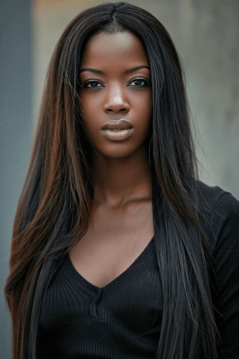 elegant hairstyles, long straight hair, manageable hairstyles Bone Straight Middle Part Quick Weave, Bone Straight Middle Part, Dark Hair Straight, Bob Haircut With Side Bangs, Long Straight Hair Styles, Haircut With Side Bangs, Middle Part Quick Weave, Woman Dark Hair, Haircuts For Long Straight Hair