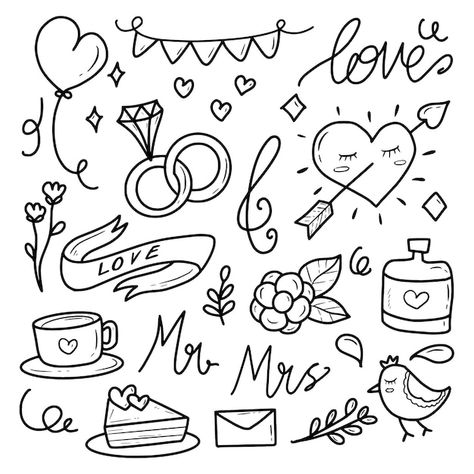 Wedding Drawings Easy, Wedding Doodle Art, Couple Doodles Aesthetic, Marriage Doodle, Love Doodles Aesthetic, Romantic Doodles, Cute Love Doodles, Wedding Line Art, Wedding Doodles