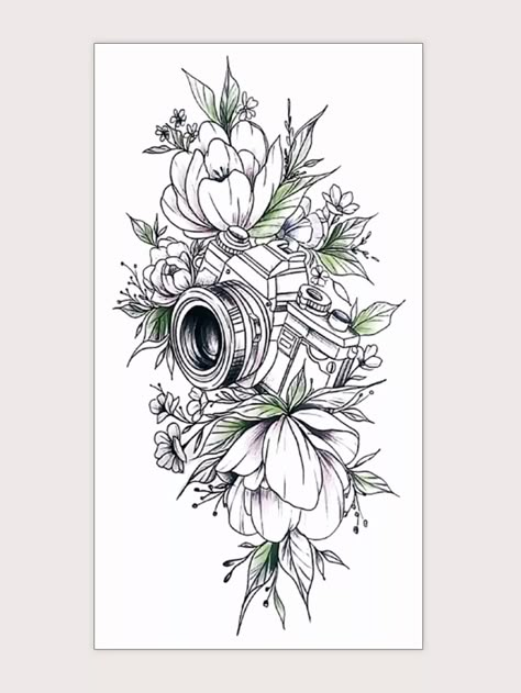 Camera Sleeve Tattoo, Camera Floral Tattoo, Floral Camera Tattoo, Camera With Flowers Tattoo, Camera Tattoo Design Photographers, Camera Tattoo Design Photography, Photography Tattoo Ideas, Camera Tattoo Ideas, Camera Drawing Art