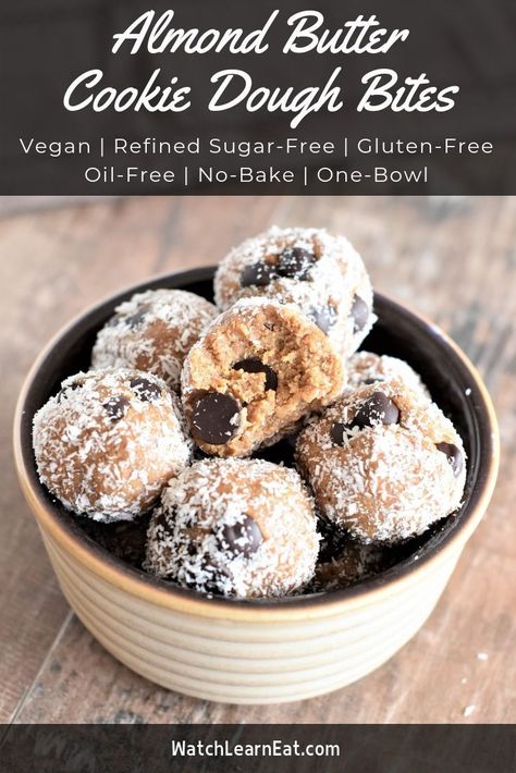 These no-bake, gluten-free, vegan Almond Butter Cookie Dough Bites are filled with dark chocolate chips and covered in shredded coconut. #almondbutter #cookiedough #glutenfree #refinedsugarfree #vegan #oilfree #nobake #dairyfree #eggfree #glutenfreerecipes #veganrecipes #oatflour Almond Butter Cookie, Butter Cookie Dough, Almond Butter Cookies, Cookie Dough Bites, Healthy Vegan Snacks, Whole30 Recipes, Butter Cookie, Vegan Appetizers, Vegan Sweets