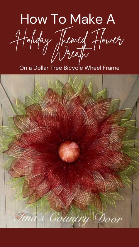 This flower wreath was made on a bicycle wheel frame using rose gold deco mesh and burgundy deco mesh. Pinwheel Wreath Diy, Deco Mesh Flower Wreath, Bicycle Wheel Decor, Mesh Flower Wreath, Deco Mesh Pumpkin, Diy Pinwheel, Dollar Tree Flowers, Wheel Wreath, Dollar Tree Frames