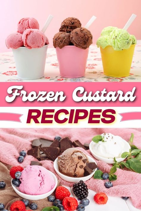 These frozen custard recipes are so good, you'll skip going out for ice cream! From vanilla to chocolate to cookie dough, these homemade treats are as good as it gets. Frozen Custard Recipe, Frozen Custard Recipes, Custard Ice Cream Recipe, Homemade Ice Cream Recipes Machine, Ice Cream Recipes Machine, Strawberry Ice Cream Recipe, Custard Ice Cream, Dessert Cups Recipes, Sorbet Ice Cream