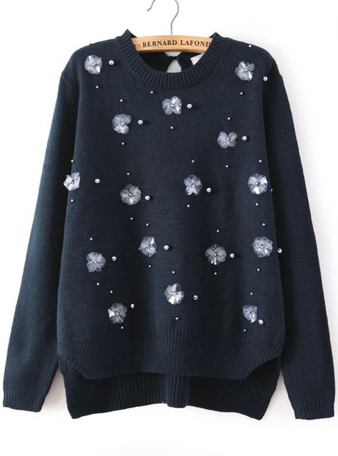 Navy Long Sleeve Bead Split Sweater | SHEIN Big Size Fashion, Split Sweater, Embroidery Fashion Detail, Diy Sweater, Embellished Clothing, Draping Fashion, Latest Sweater, Cotton Kurti Designs, Cute Outfits For School