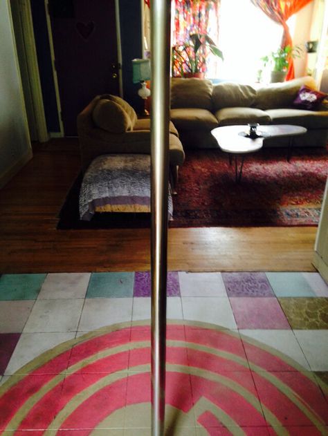 Pole Room Ideas, Painted Linoleum Floor, Painted Linoleum, Painting Linoleum Floors, Paint Linoleum, Pole House, Trippy Room, Dance Rooms, Linoleum Flooring