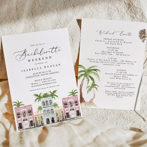 FIONA Watercolor Charleston SC Bachelorette Invitation Charleston Bachelorette, Bachelorette Weekend Itinerary, Wedding Announcement Cards, Bachelorette Invitation, Colorful Buildings, Bachelorette Itinerary, Rainbow Row, Weekend Itinerary, Bachelorette Invitations