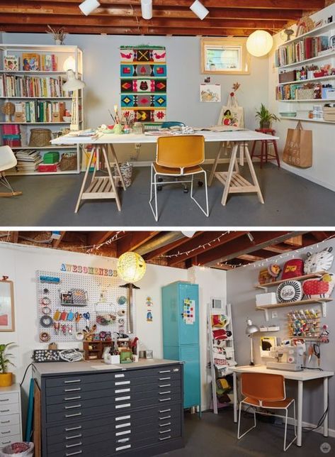 Garage Art Studio, Home Art Studios, Creative Home Office, Craft Studios, Design Studio Workspace, Basement Studio, Art Studio Space, Art Studio Organization, Garage Studio