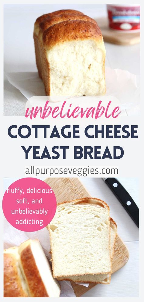 Get ready for the most incredible bread recipe EVER! This Soft & Fluffy Cottage Cheese Yeast Bread is not only high in protein and lower in carbs thanks to the addition of low fat cottage cheese, it’s also amazingly soft, fluffy and delicious. Plus it’s so easy to make - the recipe only requires bread flour, yeast, sugar, salt, water and low fat cottage cheese. I swear, you won’t want to go back to the regular white bread recipe after you try this one.one 9 x 4 x 4 inch pullman loaf (or one 9 x 5 inch loaf) Cottage Cheese Bread Machine, Cloud Bread Made With Cottage Cheese, Cottage Cheese Bread No Flour, Cottage Cheese Egg White Bread Recipe, Cottage Cheese Buns Recipe, Keto Cottage Cheese Bread Recipe, High Protein Cottage Cheese Bread, Protein Cottage Cheese Bread, Egg White And Cottage Cheese Bread