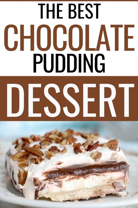 Closeup shot of delicious chocolate pudding lasagna dessert topped with nuts on white plate. Quick 9x13 Dessert, Chocolate Supreme Dessert, Chocolate Yum Yum Dessert, Chocolate Yum Yum, Four Layer Dessert Recipe, 3 Layer Dessert Chocolate Pudding, 5 Layer Chocolate Pie, Five Layer Dessert, Chocolate And Vanilla Pudding Dessert