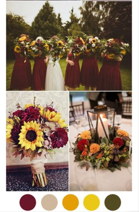 Fall Sunflower Wedding Theme, Fall Wedding With Sunflowers, Sunflower Wedding Theme, Fall Sunflower Weddings, Sunflower Themed Wedding, Marriage Day, Rustic Backyard, Theme Color, Fall Wedding Colors