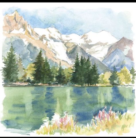 Watercolor Inspo Landscape, Mountain Watercolour Painting, Watercolor Paintings Landscape Beautiful, Watercolor Lake Scene, Landscape Watercolor Paintings, Colorado Watercolor, Mountains Watercolor, Mountain Watercolor, Watercolor Scenery