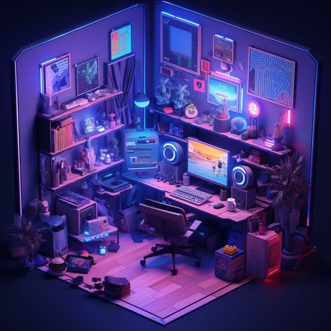 Gamer room miniature 32 bit isometric Cyberpunk Office Interior, Isometric Gaming Room, Cozy Cyberpunk, Cyberpunk Office, Punk Office, Isometric Room 3d, Isometric Bedroom 3d, Isometric 3d Room, Low Poly Isometric Room