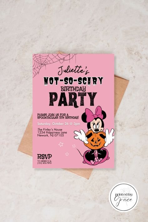 Celebrate your Minnie-Mouse-obsessed little one with this fun Halloween-inspired birthday invitation. Don't miss out on Mickey's Not-So-Scary Party by hosting your own celebration! The perfect birthday theme for any October baby or kiddo who loves Mickey or Minnie Mouse! Halloween Minnie Mouse Party, Minnie Halloween Birthday Party, Minnie Mouse Halloween Birthday Party, Disney Halloween Invitations, Mickey And Minnie Halloween Party, Scary Birthday Party, Mickey Mouse Halloween Birthday Party, Mickey And Minnie Not So Scary Halloween Party, Minnie Mouse Halloween Invitations