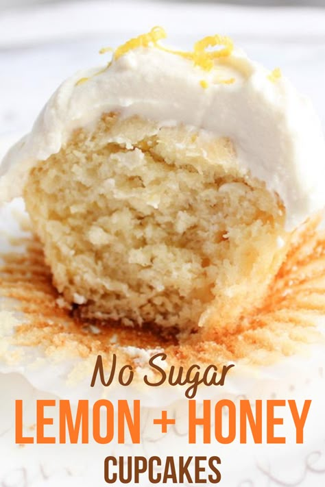 These lemon cupcakes are really special!  Sweetened with honey instead of sugar, these small cakes pack a big flavour punch.  Click for the recipe! Muffins Sweetened With Honey, Flavoured Honey Recipe, Lemon Honey Cupcakes, Cake Sweetened With Honey, Desserts Using Honey Or Maple Syrup, Healthy Lemon Cupcakes, Honey Sweetened Muffins, Foods With Honey, Recipes Made With Honey