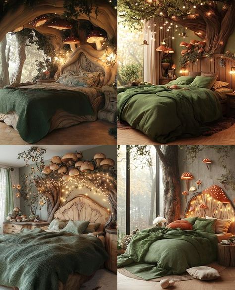 Fairytail Bedroom Ideas, Mushroom Aesthetic Room, Fairy Home Aesthetic, Fairy Bedroom Ideas For Adults, Forestcore Bedroom, Forest Theme Bedroom, Mushroom Bed, Mushroom Bedroom, Forestcore Aesthetic