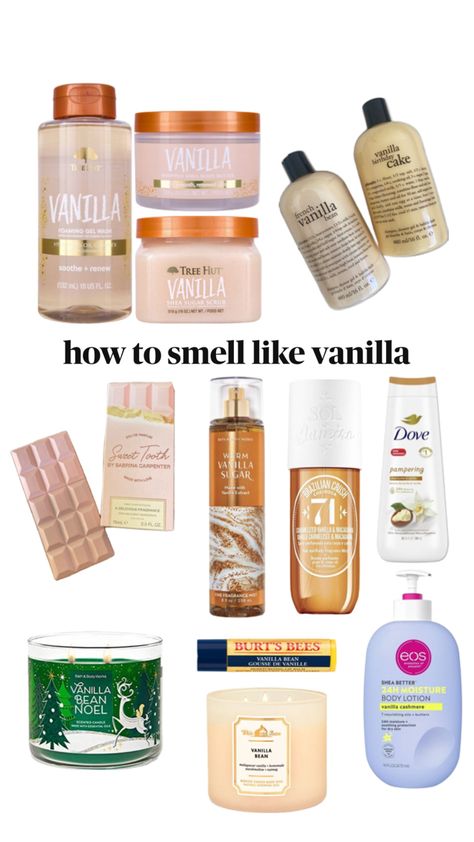 a collage of vanilla scented shower and self care product recommendations Hygiene Vanilla, Vanilla Shower Routine, Fragrances Perfume Woman, Body Hygiene, Bath And Body Works Perfume, Shower Skin Care, Body Smells, Vanilla Girl, Pretty Skin Care