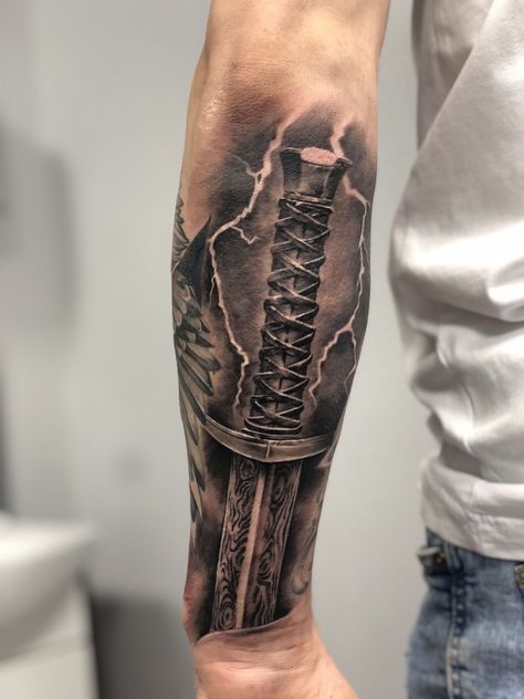 Tattoo Swords Men Arm, Creative Arm Sleeve Tattoos, Viking Arm Tattoo For Men, Warrior Tattoos Men, Viking Forearm Tattoo Men, Half Sleeve Tattoo For Men Forearm Design, Viking Arm Tattoo, Back Of Forearm Tattoo Men, Snake Tattoo Sleeve