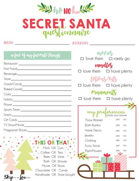 Secret Santa questionnaire Secret Santa Questionnaire For Coworkers Free Printable, Free Secret Santa Questionnaire, Printable Secret Santa Questionnaire, Secret Santa Questions, Secret Santa Templates, Secret Santa Form, Secret Santa List, Santa Questionnaire, Restaurant Candles