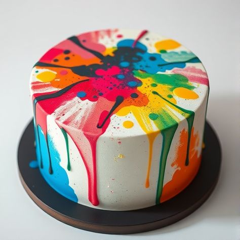 Colorful cake with spray paint technique Paint Smear Cake, Art Themed Birthday Cake, Art Theme Cake, Artsy Cake, Paint Splatter Cake, Art Party Cakes, Splatter Cake, Cake Decorating Ideas For Beginners, Art Birthday Cake