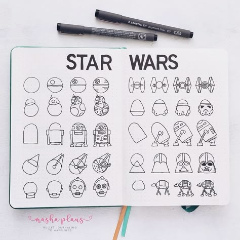 Get inspired to create your own Star Wars themed Bullet Journal pages with these simple step by step doodles. The post itself also offers you fantastic examples from some amazing creators on Instagram and alternative ways to honor this space epic if you don't feel like doodling. #mashaplans #starwars #doodles Star Wars Bullet Journal, Bujo Doodles, Star Wars Drawings, Bullet Journal Notebook, Dot Journals, Bullet Journal Themes, Bullet Journal Art, Journal Themes, Bullet Journal Inspo