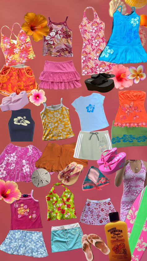 #surfergirl #hibiscus #y2k #clothes #outfits #outfit #clothing #fashion Tropical Inspo Outfit, Surfer Inspired Outfits, Hawaiian Fits Aesthetic, Tropical Outfits For School, Tropical Themed Outfit, Aloha Aesthetic Outfit, Preppy Outfits Y2k, Hawaiian Clothes Aesthetic, Y2k Fashion Summer Outfits