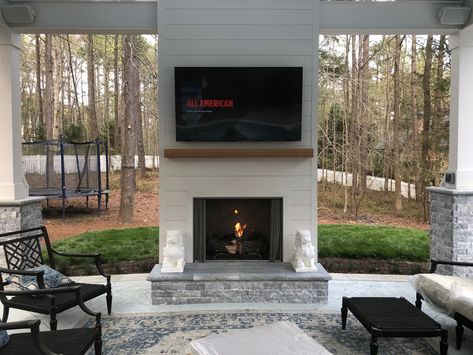 Shiplap Outdoor Fireplace Outdoor Fireplace Surround Ideas, Outdoor Fireplace Shiplap, Outdoor Fireplace With Siding, Outdoor Fireplace Back Porch, Shiplap Fireplace Outdoor, Simple Back Porch Fireplace, Hardy Board Outdoor Fireplace, Outdoor Fireplace Attached To Patio, Gas Fireplace Patio