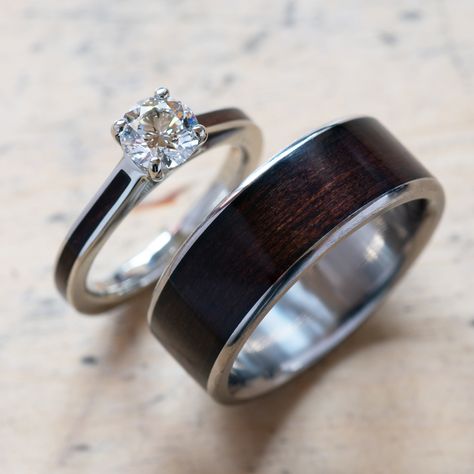 Wood Inspired Engagement Rings, Wood Wedding Bands His And Hers, Unique Matching Wedding Rings, Yeehaw Wedding, His And Her Engagement Rings, Male Wedding Rings, Male Engagement Ring, Wood Wedding Rings, Wooden Engagement Ring