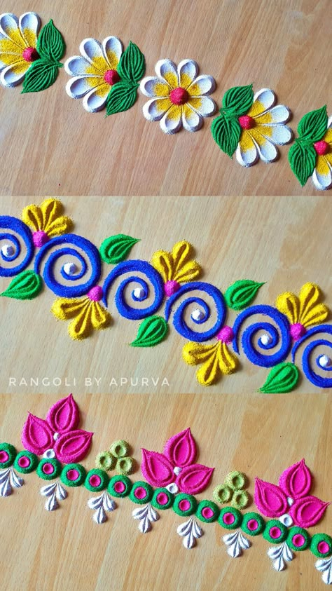 Deewali Rangoli Designs Simple, Rangoli Well, Rangoli Designs Latest Boder, Small Border Rangoli, Boundary Rangoli Design, Rangoli For Borders, Border Rangoli Ideas, Rangoli Designs For Border, Diwali Rangoli Border Designs