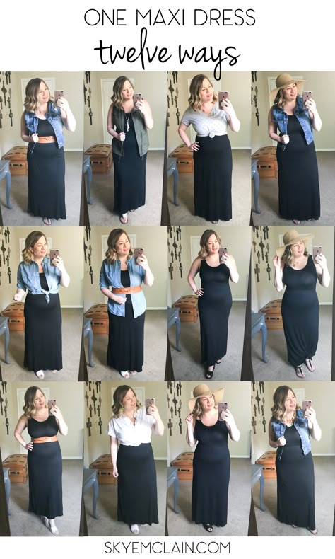 1 Dress 10 Ways, Styling Maxi Dresses For Fall, Styling A Black Maxi Dress For Winter, Maxi Dress Capsule Wardrobe, Style Maxi Dress For Fall, Long Black Dress Styling, How To Style Long Maxi Dress, Black Maxi Dress With Sweater Over It, Teacher Maxi Dress Outfit